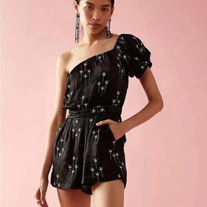 Free People Romper. Black Satin. XL. NWOT. Beaded. Short Sleeve. Zipper. Pockets